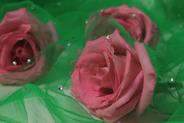 pink rose on a green background made of transparent fabric.pink and green background