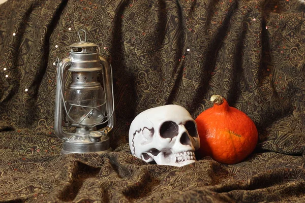 Black cat with halloween pumpkin, skull, lantern.Halloween still life.