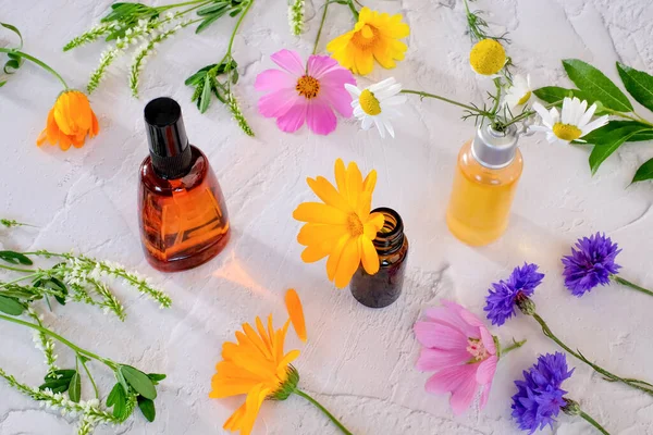 Botellas con productos farmacéuticos naturales y flores de colores sobre fondo blanco — Foto de Stock