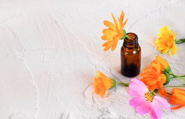 Beyaz arkaplanda doğal kozmetik konsept olarak doğal iksir ve calendula çiçeği bulunan şişe.