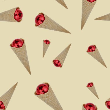 İzole edilmiş toplar ve dondurma külahlarıyla kusursuz bir Noel deseni. Tatil arkaplanı.