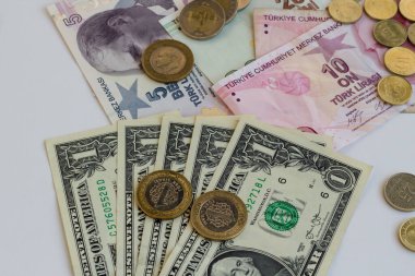 Beyaz arka planda Türk banknotları ve sikkeleri olan bir dolarlık Amerikan banknotları.