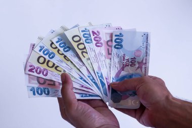 Yakın plan çekimde Avrupa ve Türkiye 'nin parası ve beyaz arkaplan üzerine banknotlar yer alıyor.