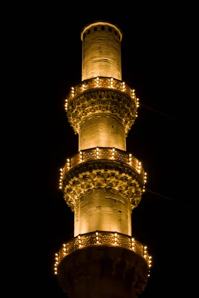 Minaret Balcony Suleymaniye Mosque Night Black Sky All Lights Islamic — Stock Photo, Image