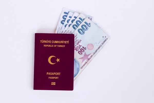 Turkse Bankbiljetten Het Witte Oppervlak Met Zwarte Kleurencalculator Munten Close — Stockfoto