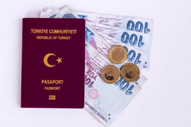 Bazı Türk banknotlarıyla birlikte beyaz yüzeyde Türk ortak pasaportu.