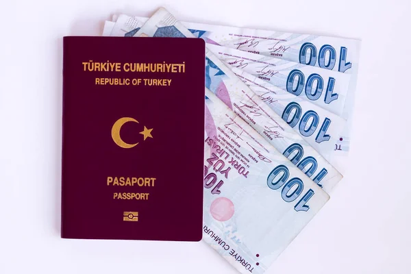Pasaporte Común Turco Superficie Blanca Con Algunos Billetes Turcos — Foto de Stock