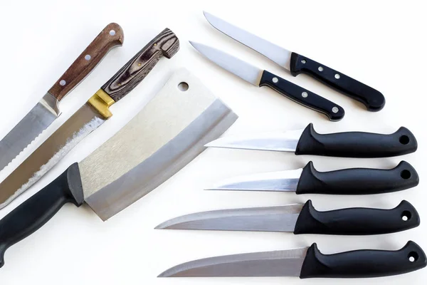 Group Knives Different Sizes White Ground — Stock Photo, Image