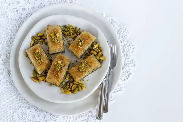 Pâtisserie Traditionnelle Turque Dessert Baklava Spécial Conçu Sur Plaque Avec — Photo