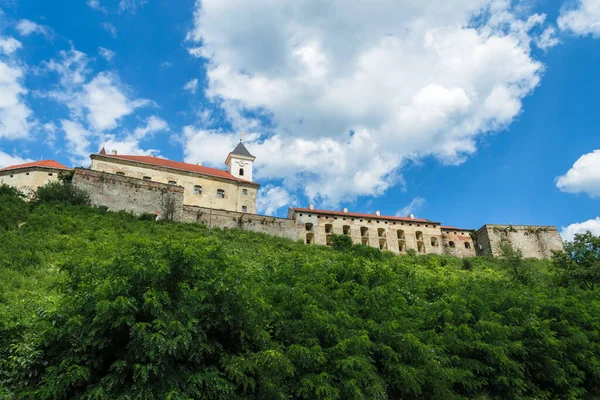 Güneşli bir tepede, Mukachevo kalesinde. Mimari anılar. Mukachevo şehrindeki Forteci kalıntıları. Uyumlu bir gökyüzü ve Transcarpathia 'da güneşli bir hava. Yeşil ağaçlı tepe. Yıkım.