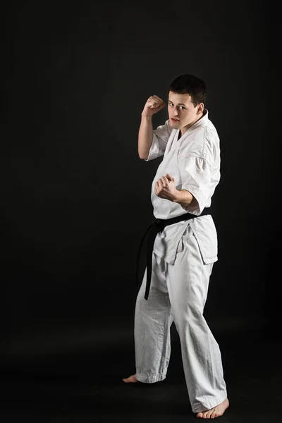 Karateka Strikes Stands Stance Martial Arts Shidokan Karate Fighter Studio — Stock Photo, Image