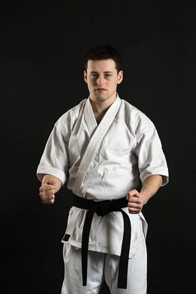 A karateka strikes or stands in a stance. Martial arts. Shidokan karate. Fighter in the studio. Kimono guy on a black background. Punch. Kick. World Karate Association the Shidokan. Black belt karate.