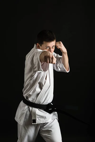 A karateka strikes or stands in a stance. Martial arts. Shidokan karate. Fighter in the studio. Kimono guy on a black background. Punch. Kick. World Karate Association the Shidokan. Black belt karate.