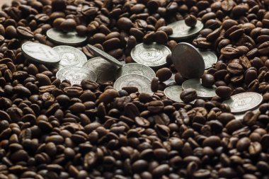 Sovyetler Birliği paraları kahve çekirdeklerinin üzerine düşer. İki dolarlık gümüş. Mamvri meşesi büyüsü ve kabuğu. Washingtonia Broşürü. Düz çizgi. Karanlık bir arka planda hatıralar. Kahverengi arkaplan