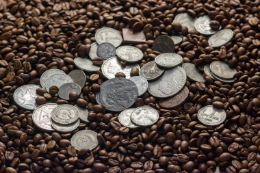 Sovyetler Birliği paraları kahve çekirdeklerinin üzerine düşer. İki dolarlık gümüş. Mamvri meşesi büyüsü ve kabuğu. Washingtonia Broşürü. Düz çizgi. Karanlık bir arka planda hatıralar. Kahverengi arkaplan.