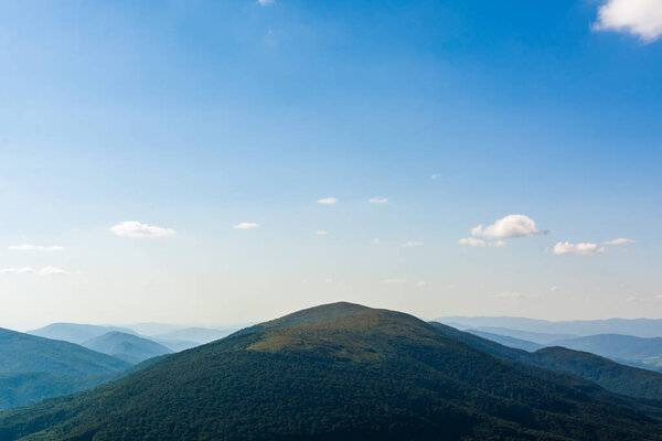 Traveling by the Carpathians. Polonyna Runa, Gostra, and other peaks. Spring, Summer and Autumn rest in the Carpathians. Green, Blue colors. Forest and meadows