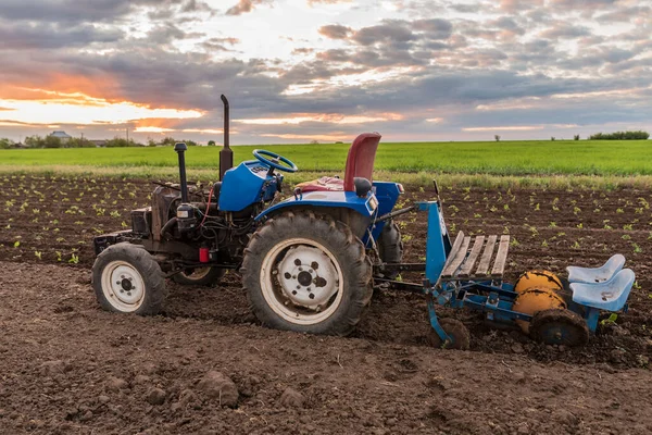 Tractor en medio de un campo al atardecer paisaje rural primer plano Fotos de stock libres de derechos