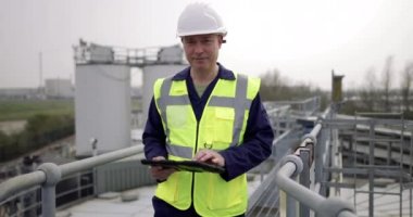Portre sanayi işçisi dijital tablet sitede kullanma