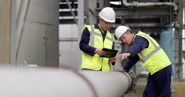 Travailleurs industriels utilisant une tablette numérique sur place — Video