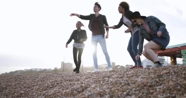 Vrienden op het strand in avondlicht — Stockvideo