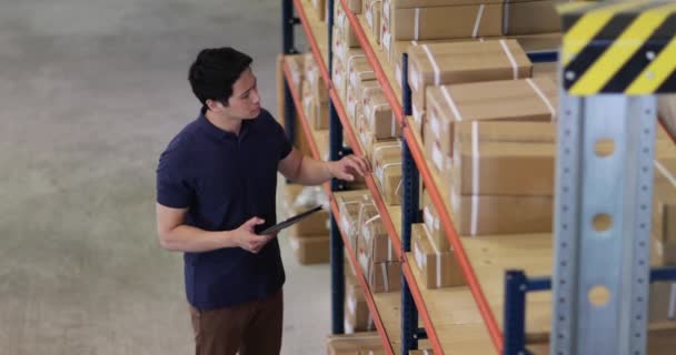 Prvních Záběrů Mužské Práce Distribučním Skladu Digitálním Tabletu — Stock video