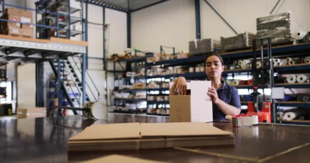 Femme Travaillant Dans Entrepôt Emballage — Video