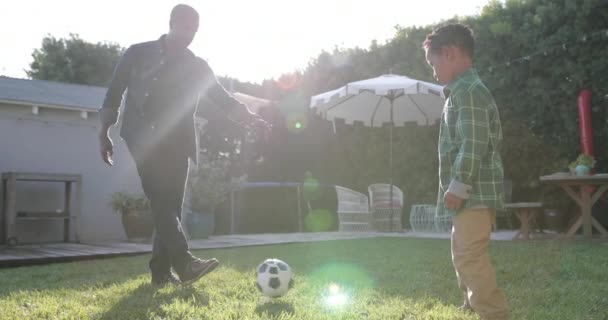 アフリカ系アメリカ人の父と息子が庭でサッカーをプレイ — ストック動画
