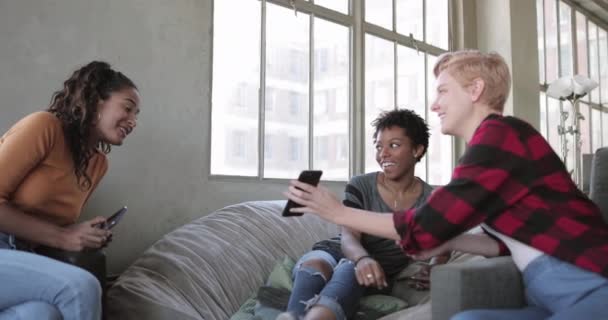 Junge Erwachsene Freunde Schauen Gemeinsam Auf Ein Smartphone — Stockvideo