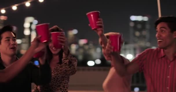 Group Friends Dancing Rooftop Party — Stock Video