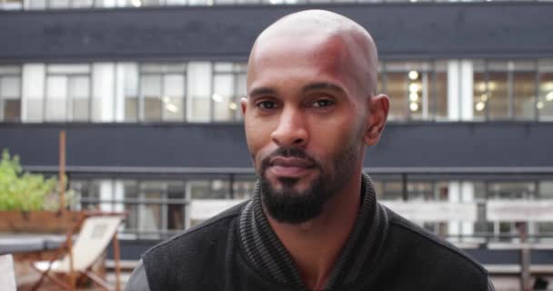 Portrait African American Male Outdoors Roof Terrace — Stok Video