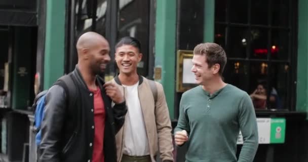 Group Male Friends Leaving Pub — Stock Video