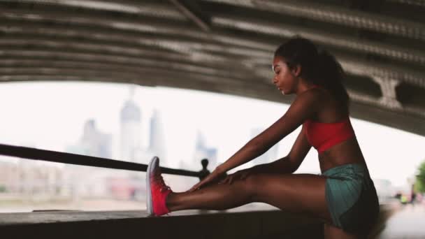 Genç Yetişkin Kadın Bir Koşudan Önce Germe — Stok video