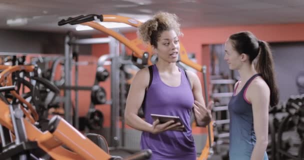 Vrouw Met Fitness Instructeur Training Vooruitgang Bespreken — Stockvideo