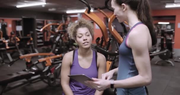 Mujer Discutiendo Progreso Del Entrenamiento Con Instructor Fitness — Vídeos de Stock