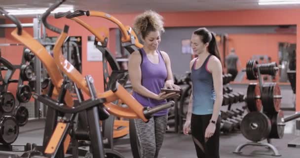 Vrouw Met Fitness Instructeur Training Vooruitgang Bespreken — Stockvideo
