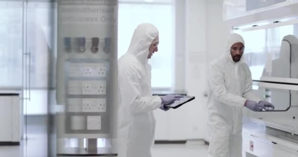 Scientists working in a biohazard area lab — Stock Video