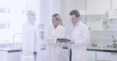 Dijital tablette deney verilerini tartışan bilim adamları ekibi