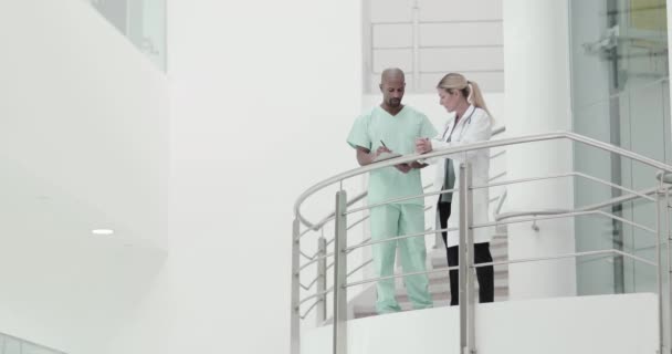Медицинские специалисты обсуждают результаты в больнице — стоковое видео