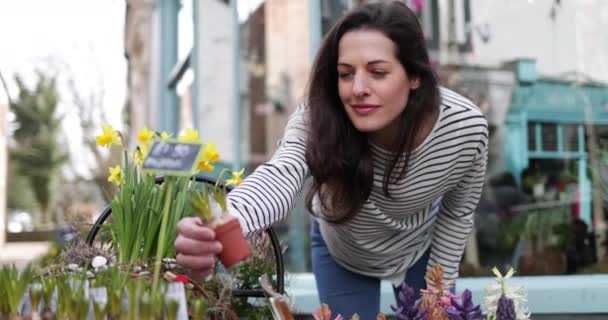 Mujer comprando plantas en un mercado callejero — Vídeos de Stock