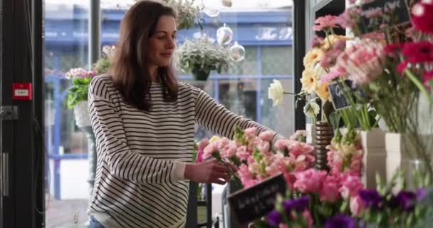 Флорист работает в магазине — стоковое видео