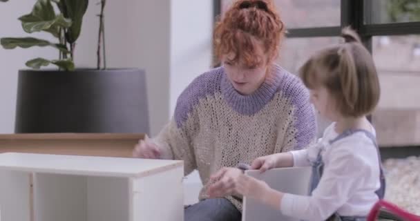 Madre e hija construyendo muebles de paquete plano — Vídeo de stock