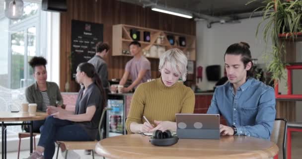 Freelancers in a meeting at a cafe looking at a digital tablet — 비디오