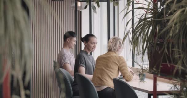 Amis regardant un smartphone dans un café — Video