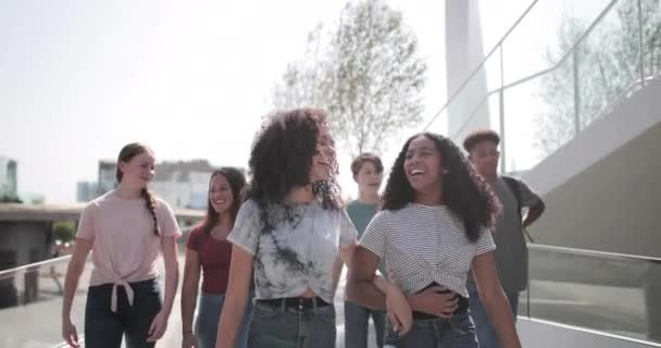 Grupo de adolescentes caminhando pela cidade — Vídeo de Stock