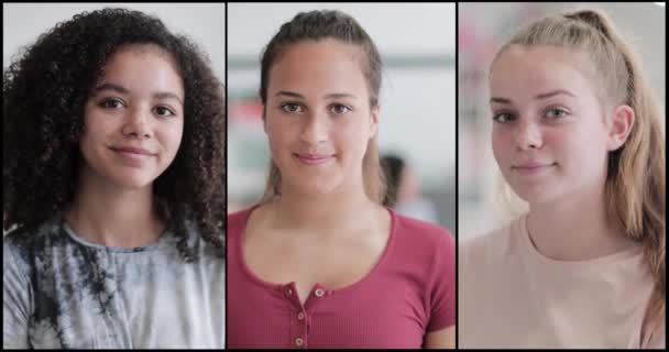 Portrait of divers group female high school students in library — ストック動画