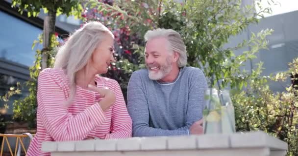 Aîné Adulte Couple assis sur la terrasse en plein air boire au soleil — Video