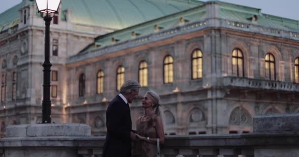 Senior felnőtt pár élvezi a kilátást romantikus este ki — Stock videók