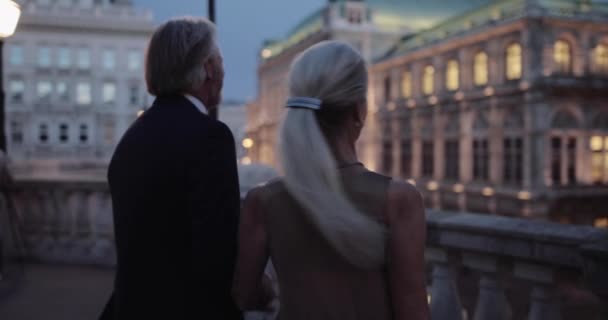 Casal adulto sênior desfrutando de vista na noite romântica — Vídeo de Stock