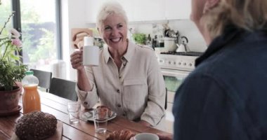 Kahvaltıda dijital tablete bakan olgun lezbiyen çift.