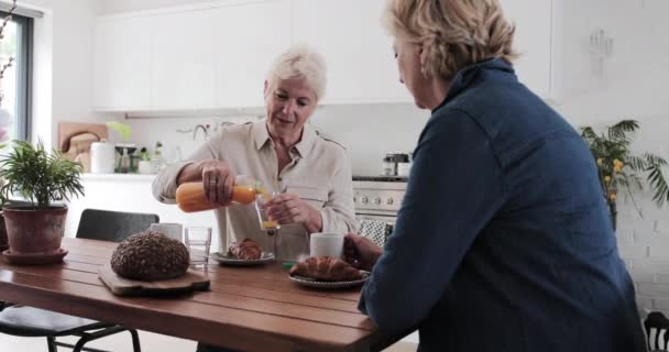 Reifes lesbisches Paar schaut beim Frühstück auf digitales Tablet — Stockvideo